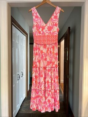 Lilly Pulitzer Sleeveless Double V Flowy Ruffle Floral Print Midi Dress Sz M